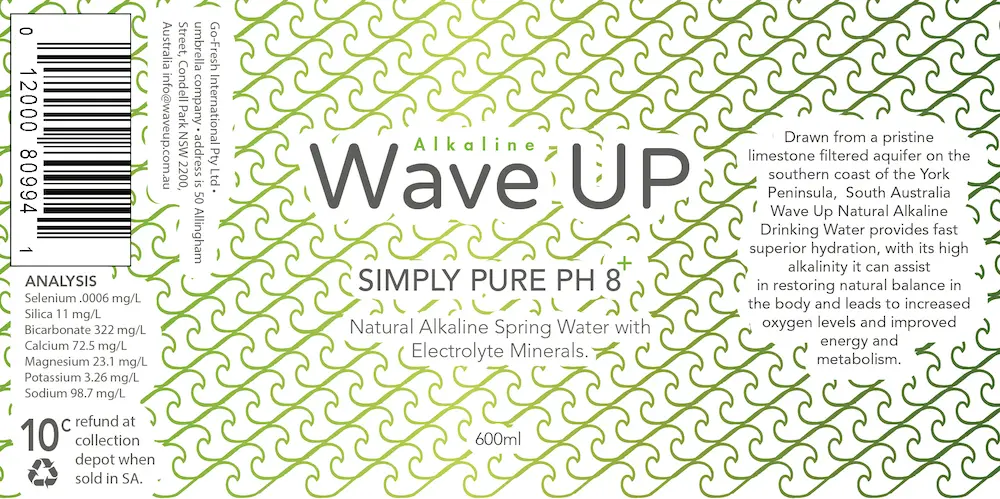 graphic design of a water bottle label with green waves