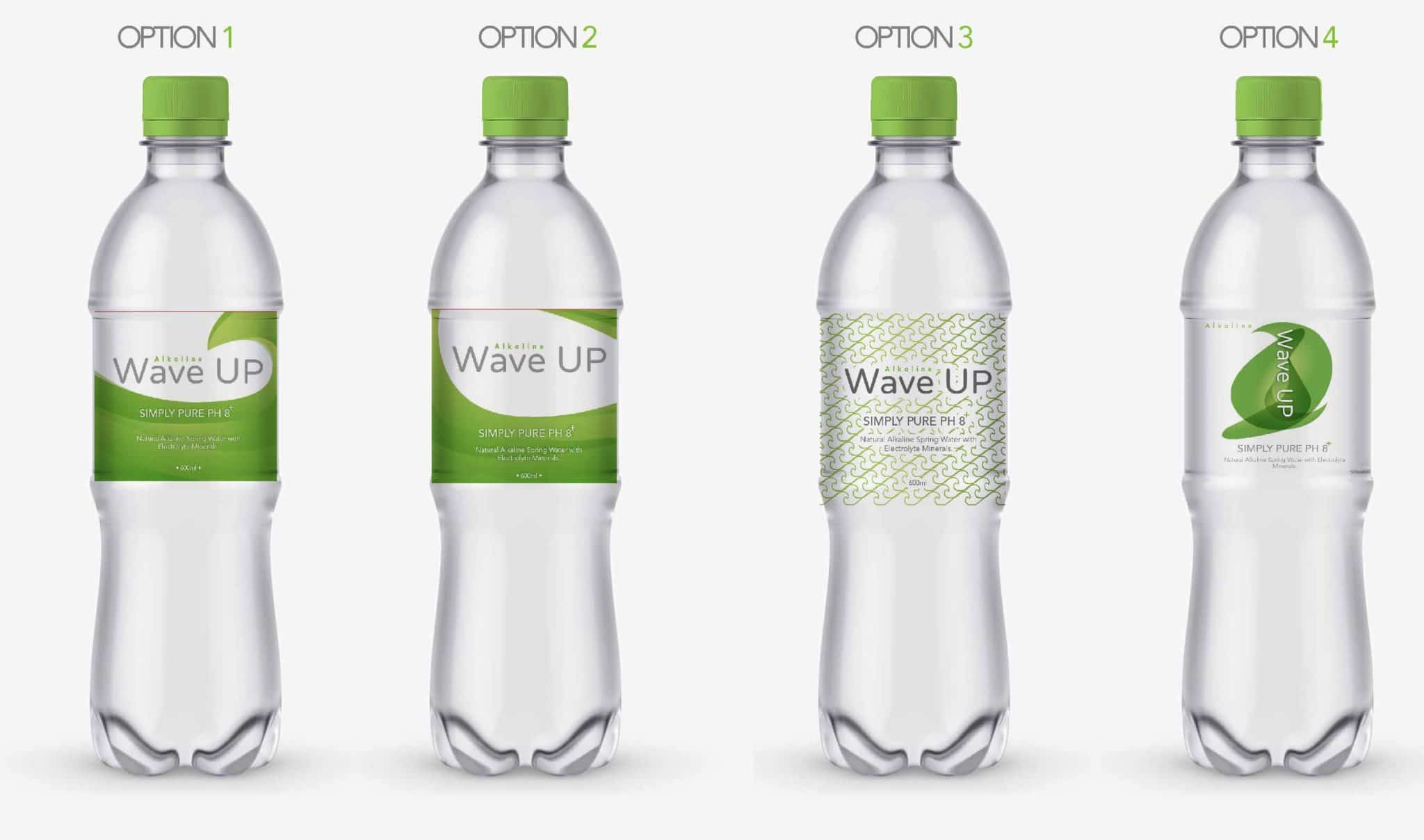 design of a water bottle with label with green waves. 4 design options to choose