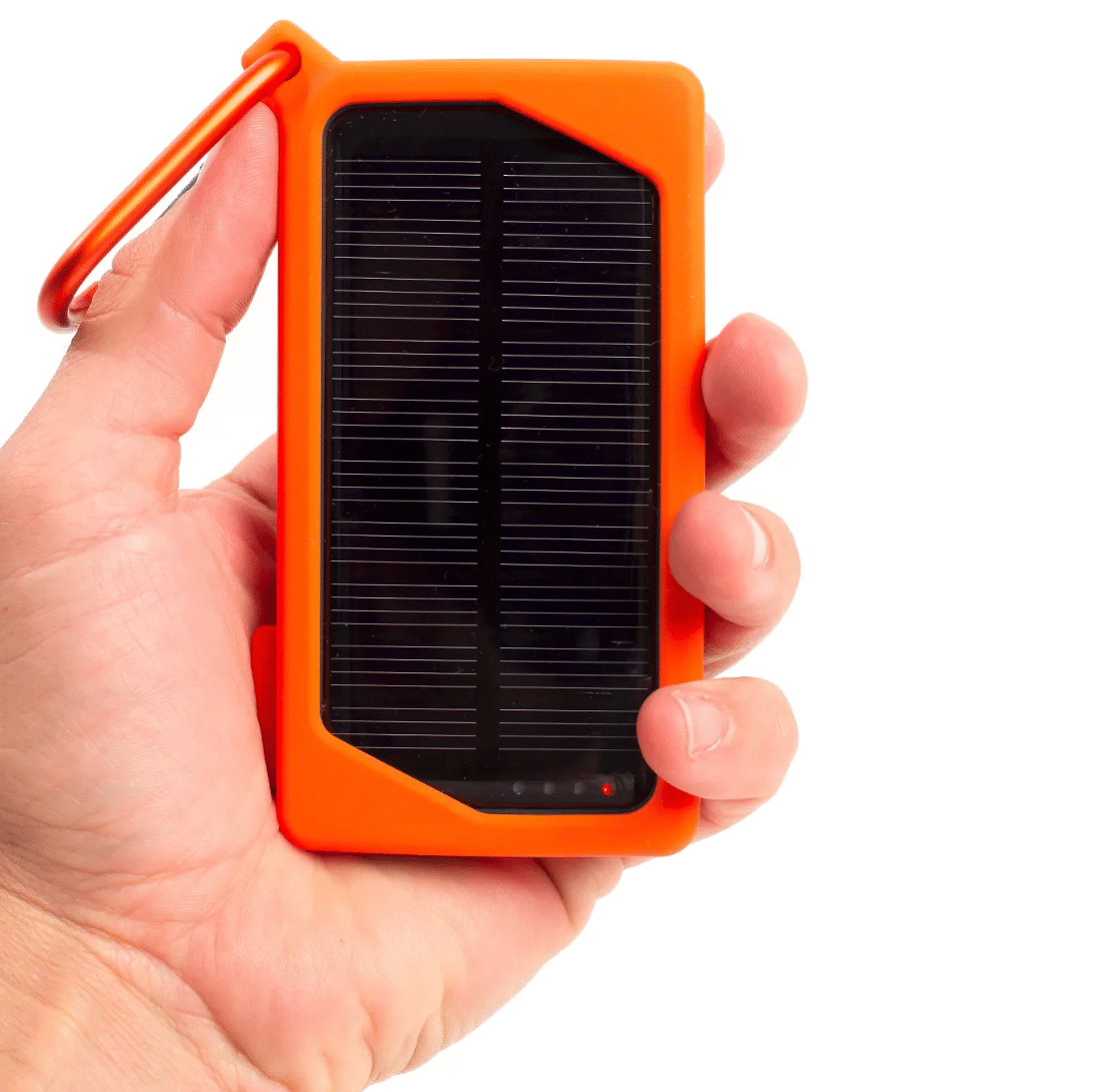Power bank with solar charger being in a hand to see the real scale for the product