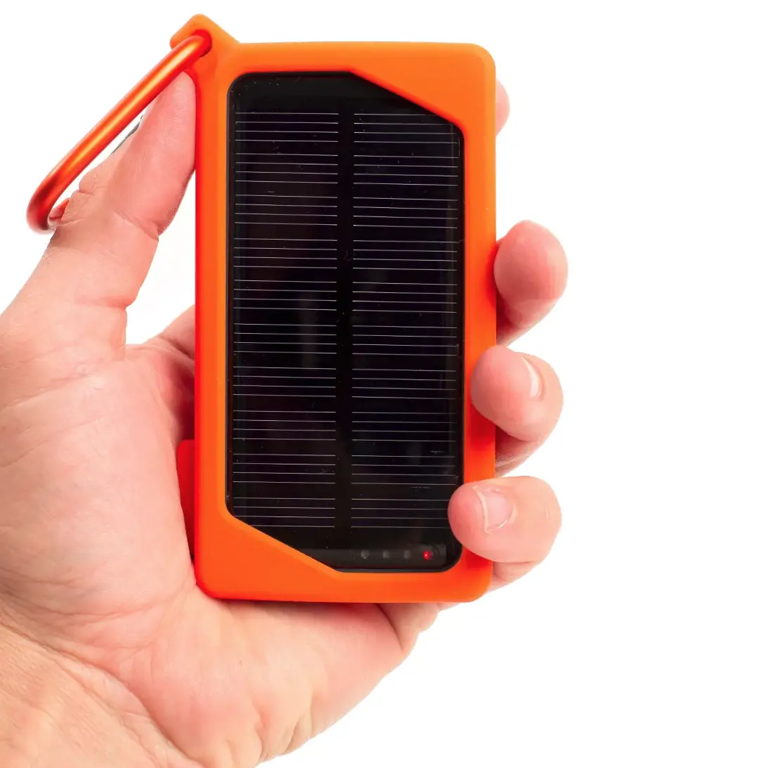 Power bank with solar charger being in a hand to see the real scale for the product