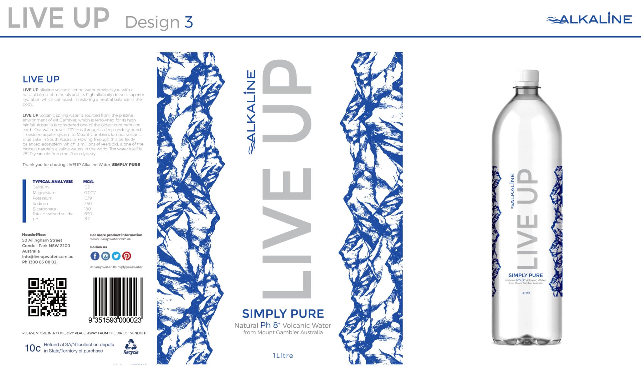 Graphic design of a alkaline water bottle with label and water bottle