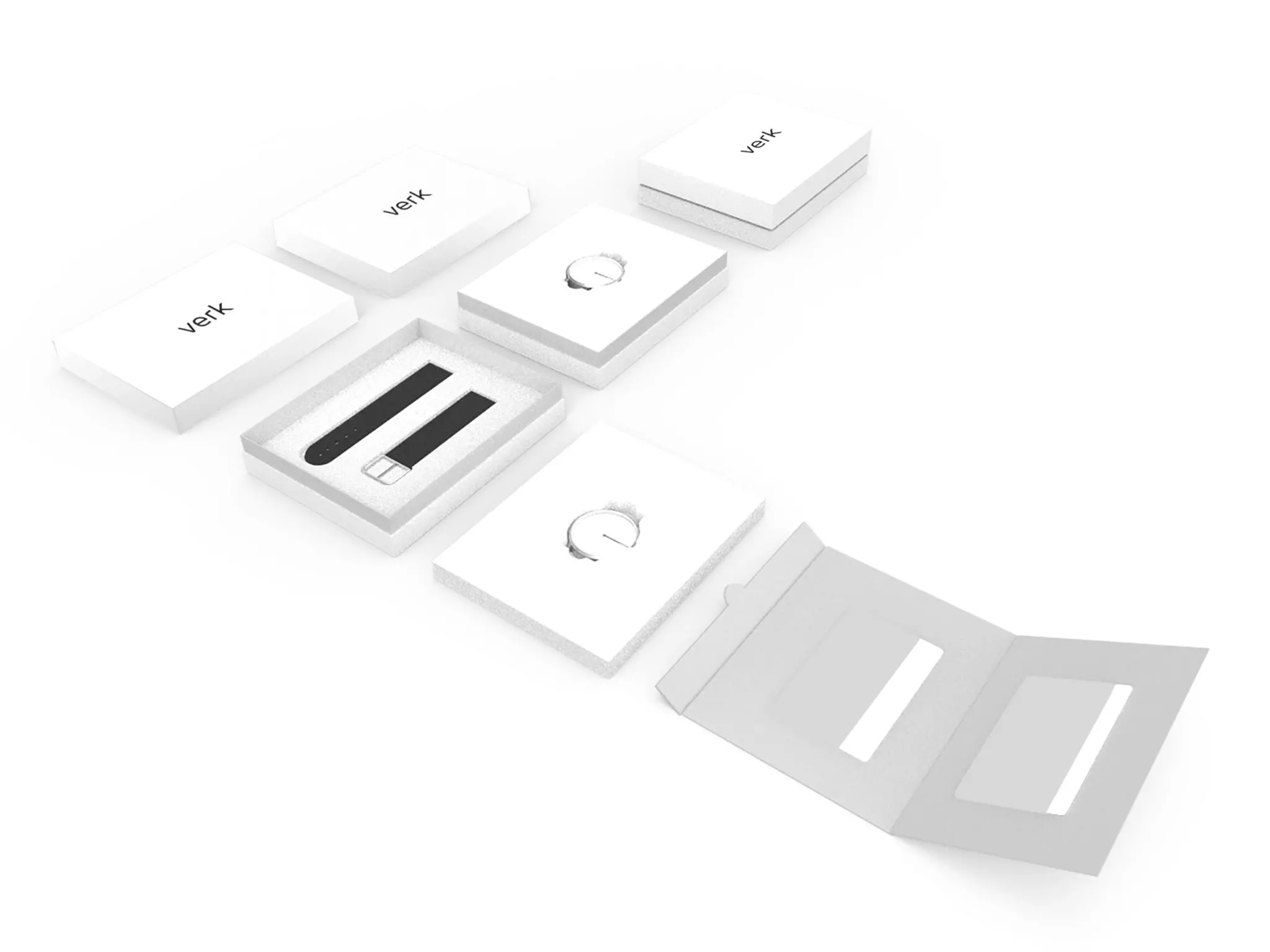 3D renderings of the watch packaging . It shows all the parts and the user experience when they open it