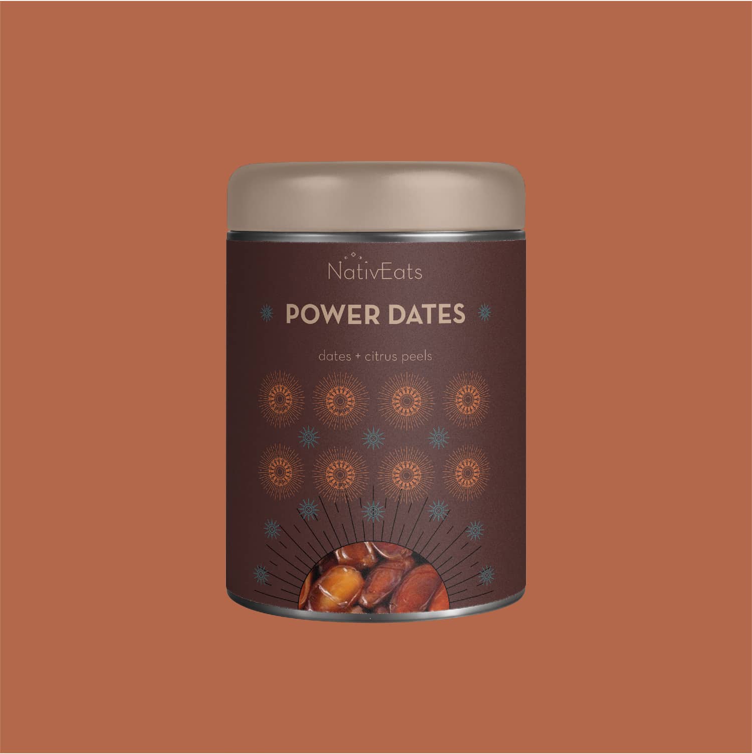 Dates packaging with graphic design in a tin round box