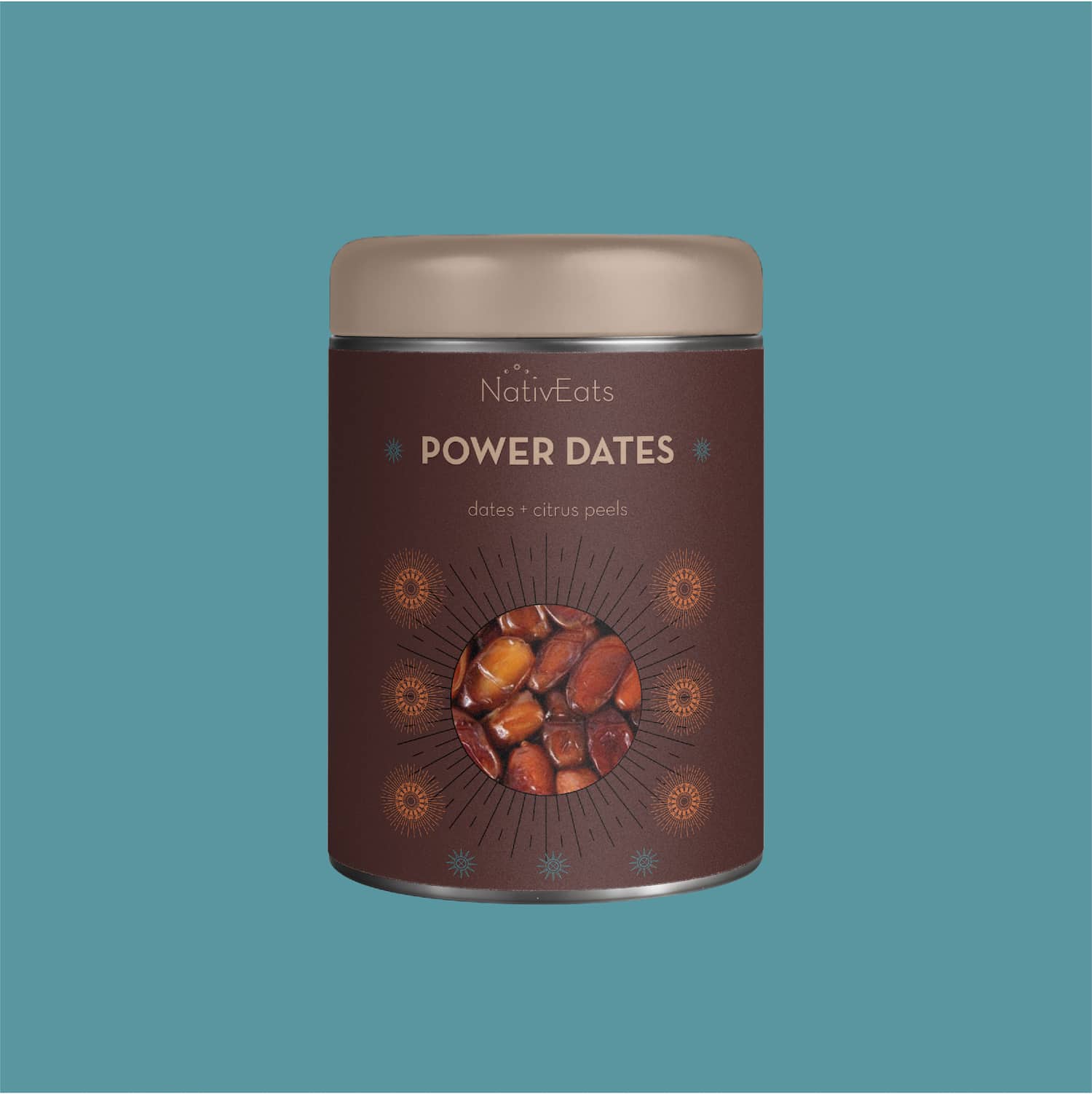 Dates packaging with graphic design in a tin round box