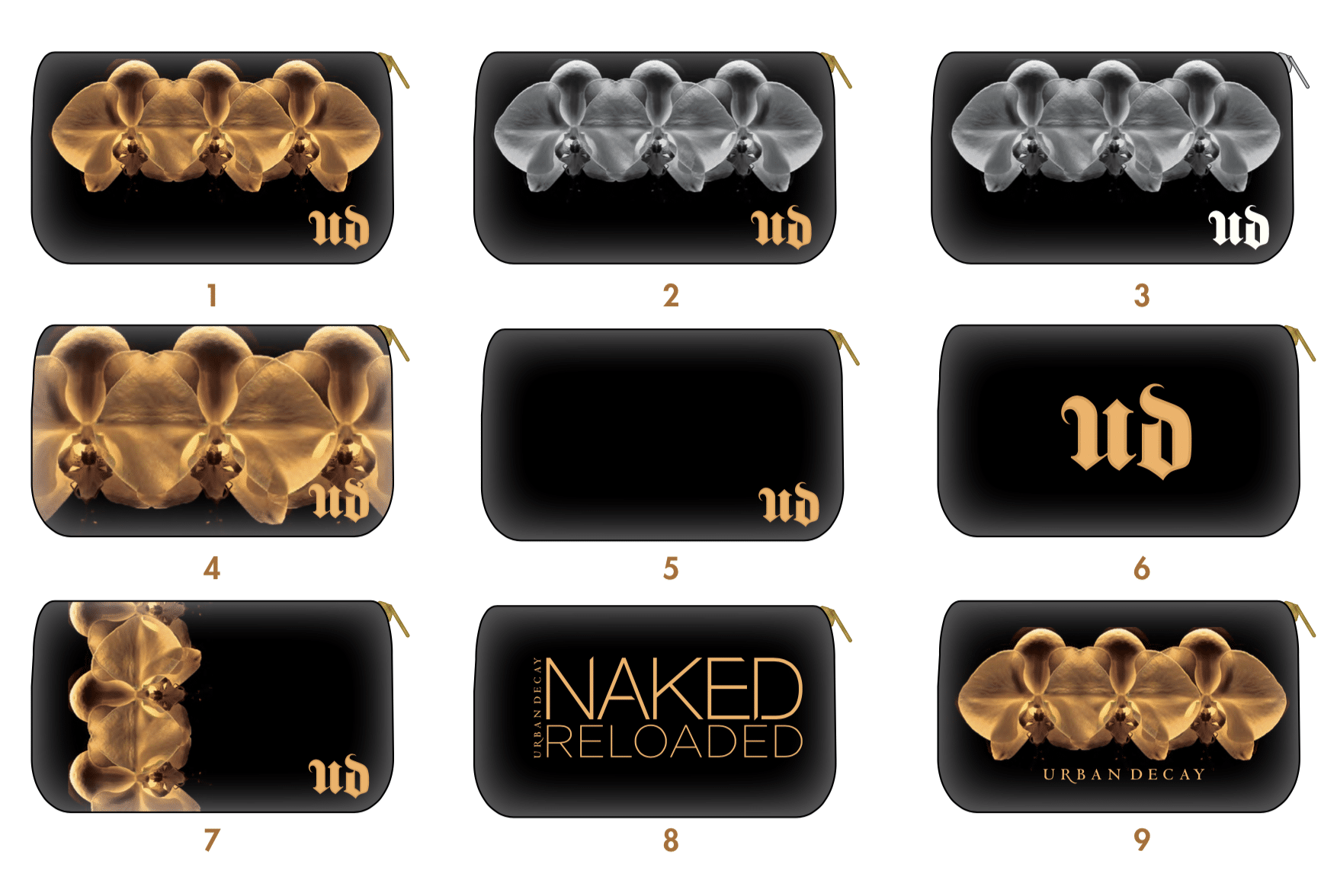 Creative design researches for Urban decay vanity bag to carry their line of cosmetic product UD Naked Reloaded. This picture is made of sketches, 3D designs presentation with graphic design, materials and finish that display 10 variety of design options to have our client to select their favorite design direction