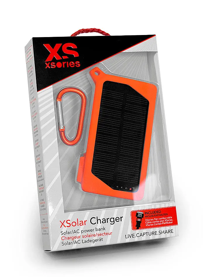 Packaging of the solar charger made of paper and PET windows. This packaging for the power bank has UV spot printed on the packaging