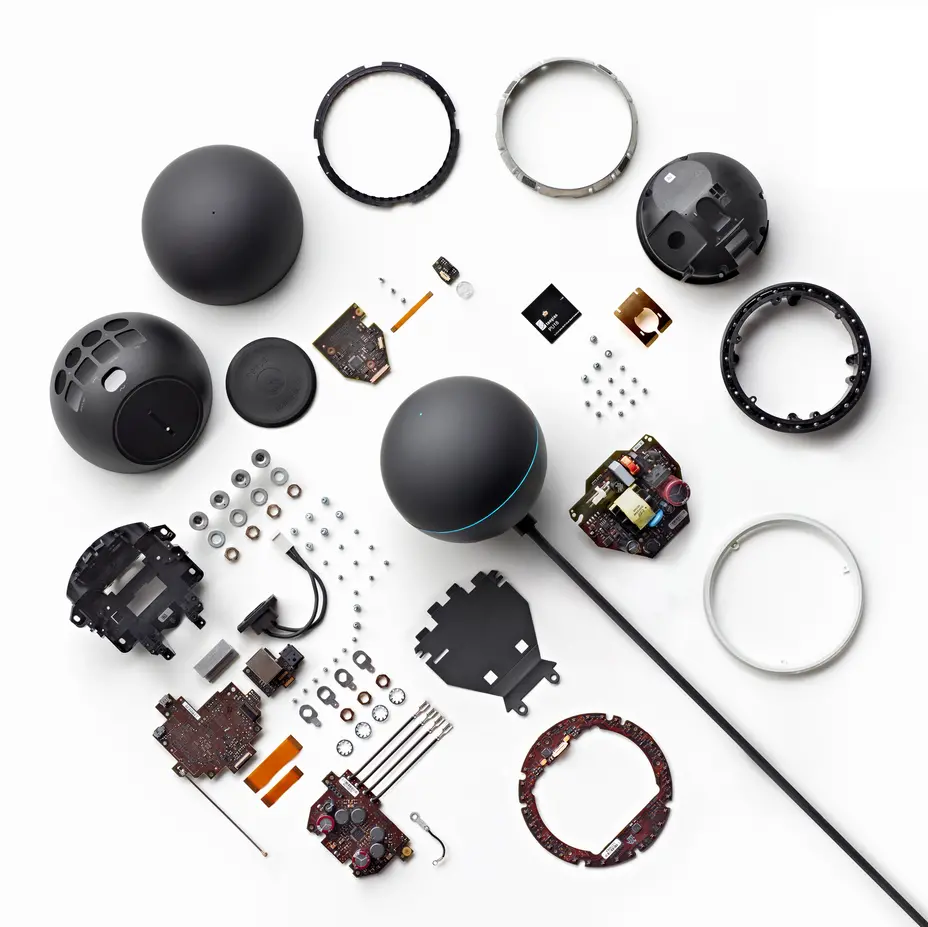 exploded picture of a product to show all the components. This is to show Datact sourcing services for special parts of a product. Images of the exploded view of the Google Nexus Q streaming video and music device.