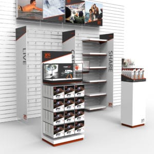 Action sport display with metal acylic and other shelves for the retails