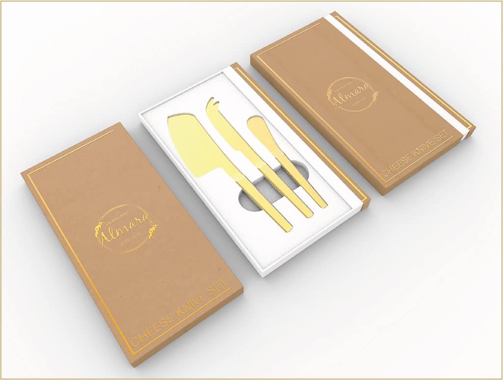 3D rendering of the gold cheese knives Kraft packaging