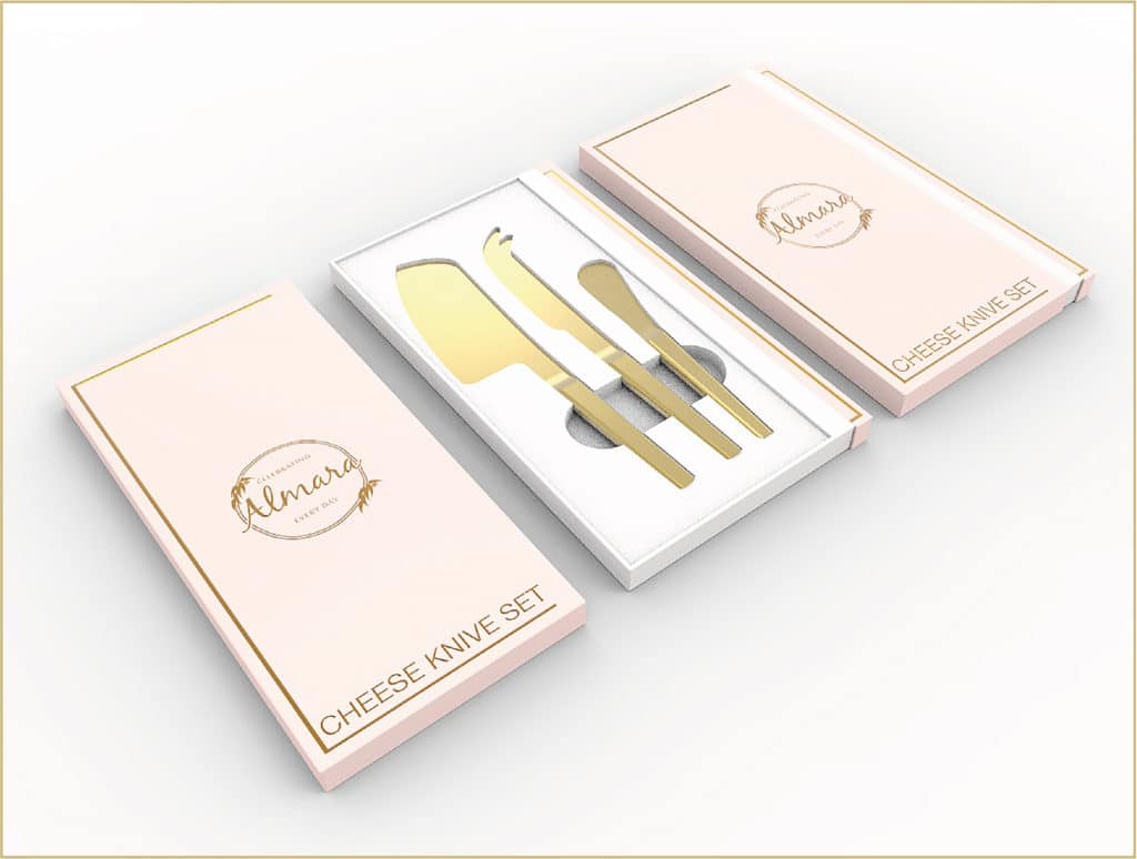 3D rendering of the gold cheese knives pink packaging
