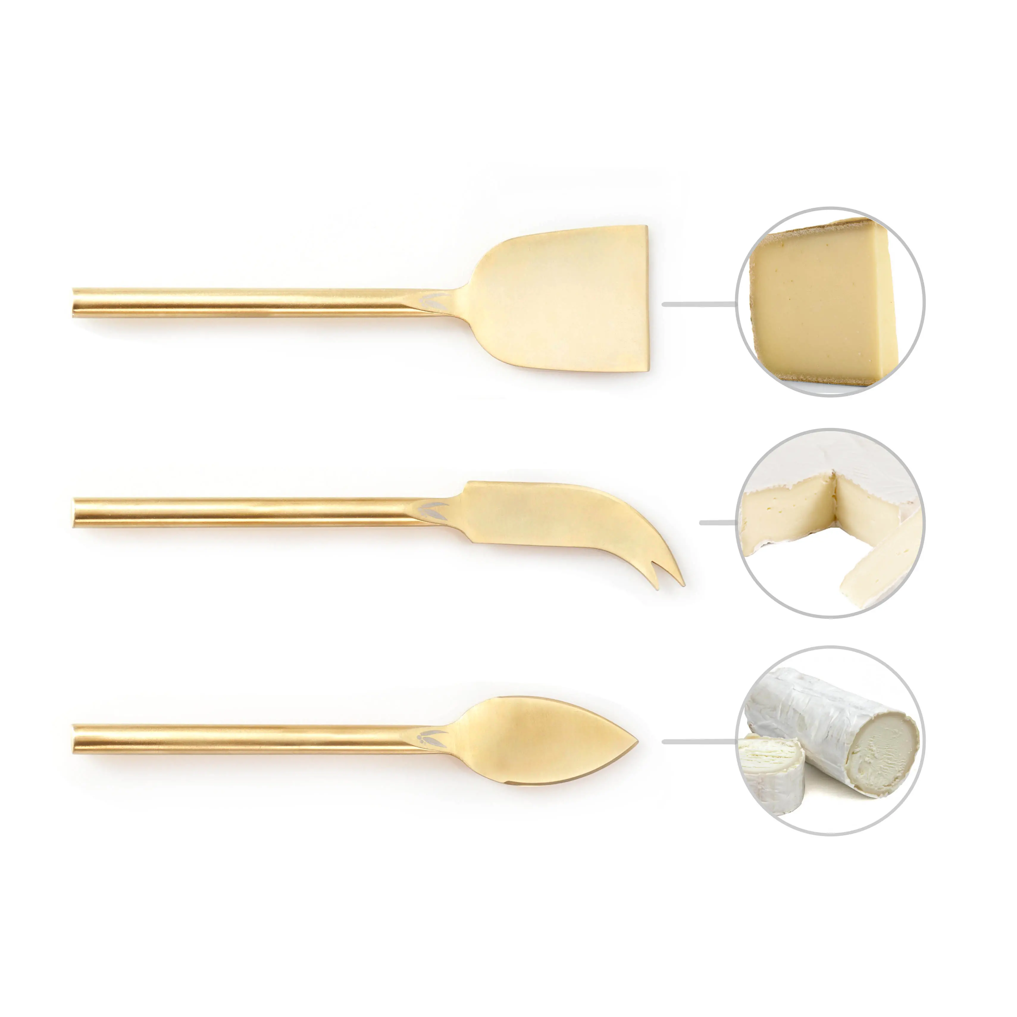 Gold knives with different cheeses