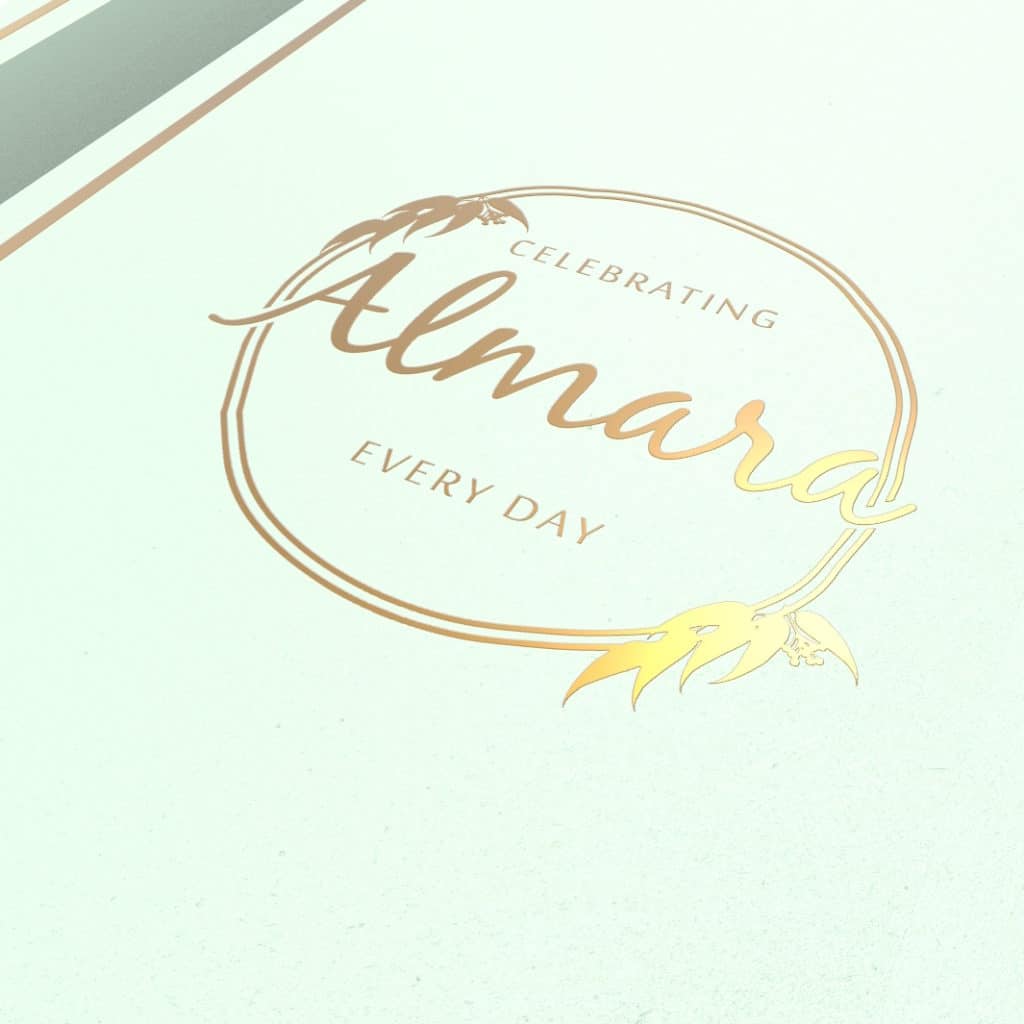 Almara 3D gold logo on packaging